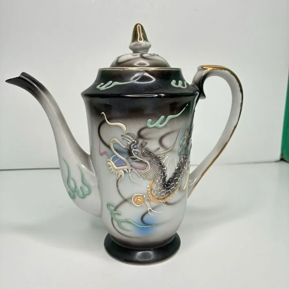 Dragonware Japan Moriage Lithophane Black Gray Blue Tea Pot Creamer Sugar Set